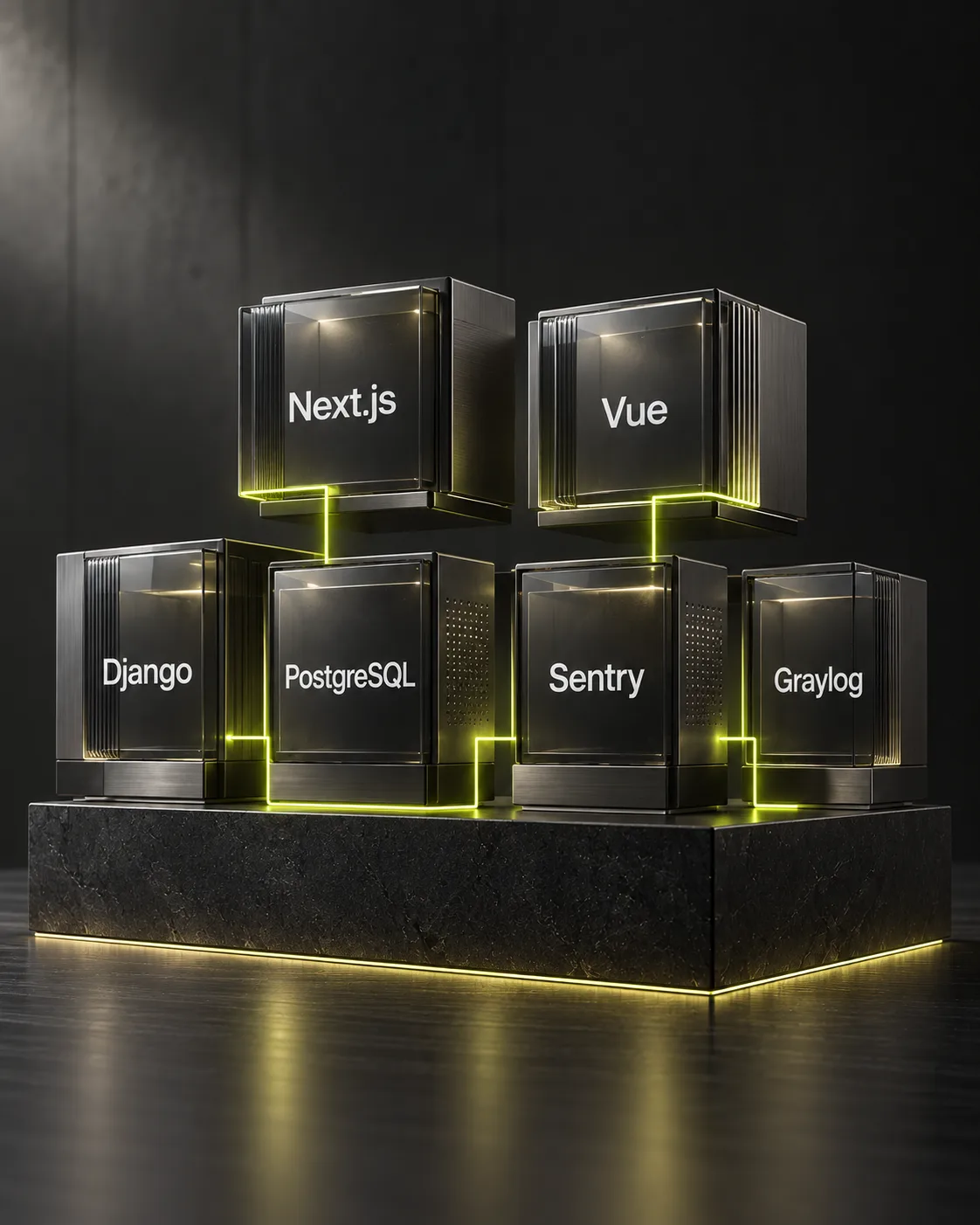 Технологический стек: Django, Next.js, Vue, PostgreSQL, Sentry и Graylog